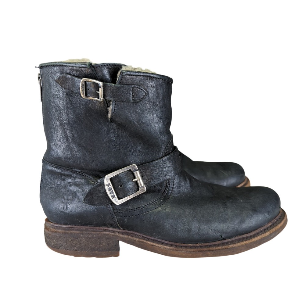 Frye Dark Leather Moto Boots with Buckles